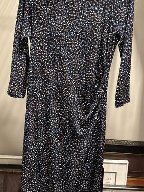 Ann Taylor Navy Blue Long Sleeve Printed Midi Dress